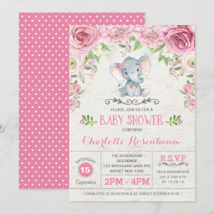 Rosa Rose mit Blumen Elefant Baby Dusche Einladung