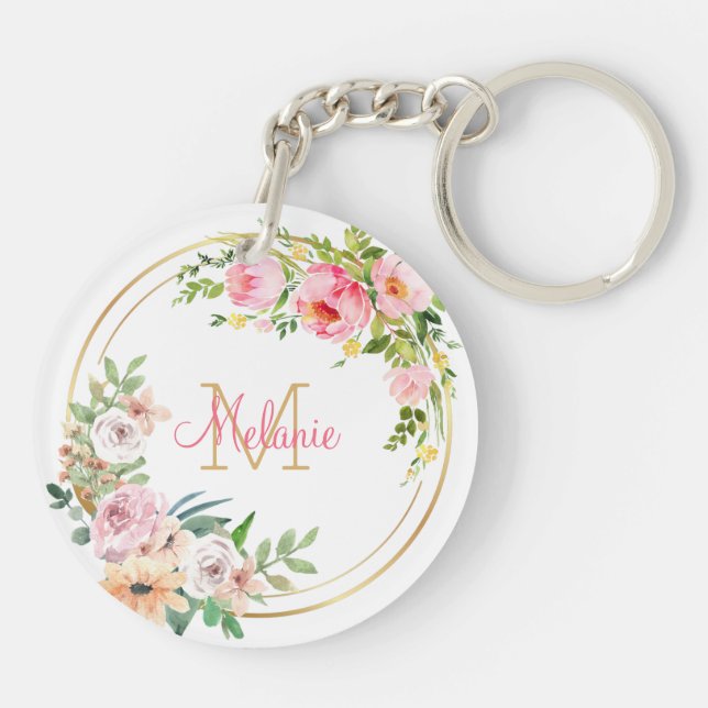 Rosa Rose mit Blumen - Goldrahmen - Personalisiert Schlüsselanhänger (Rückseite)