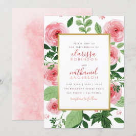 Rosa Rose mit floraler Wasserfarbe Hochzeit Einlad Einladung