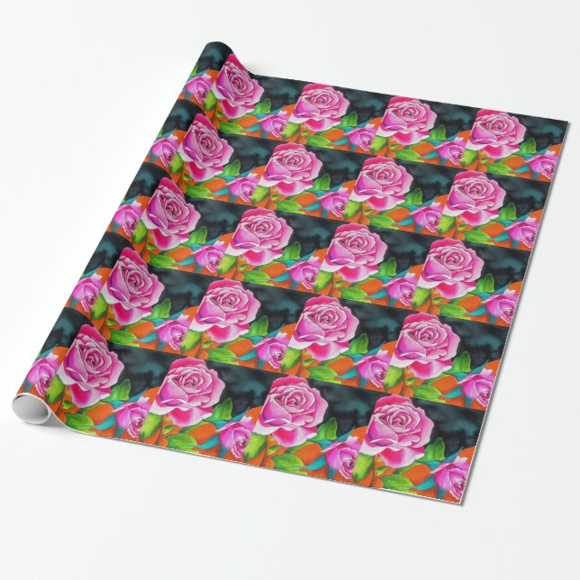 Rosa Rose mit orangefarbener Aquarellkunst Geschenkpapier (Ungerollt)