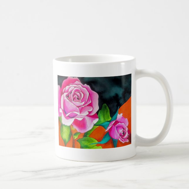 Rosa Rose mit orangefarbener Aquarellkunst Kaffeetasse (Rechts)