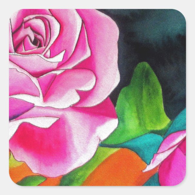Rosa Rose mit orangefarbener Aquarellkunst Quadratischer Aufkleber (Vorderseite)