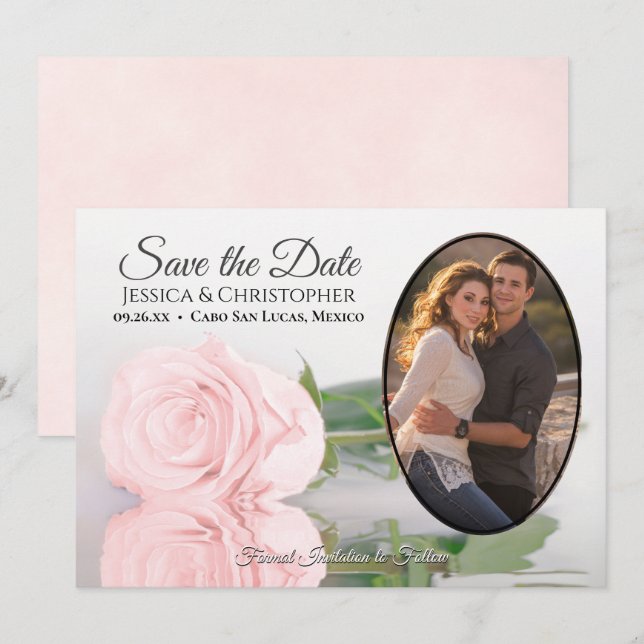 Rosa Rose mit Oval Foto Romantische Hochzeit Save The Date (Vorne/Hinten)