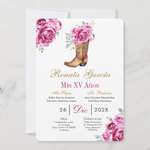 Rosa Rose mit Stiefel Quinceañera-Einladung Einladung