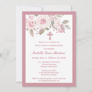 Rosa Rose Peony Floral Erste Heilige Kommune Einladung