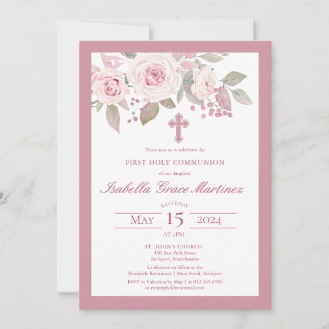 Rosa Rose Peony Floral Erste Heilige Kommune Einladung (Vorderseite)
