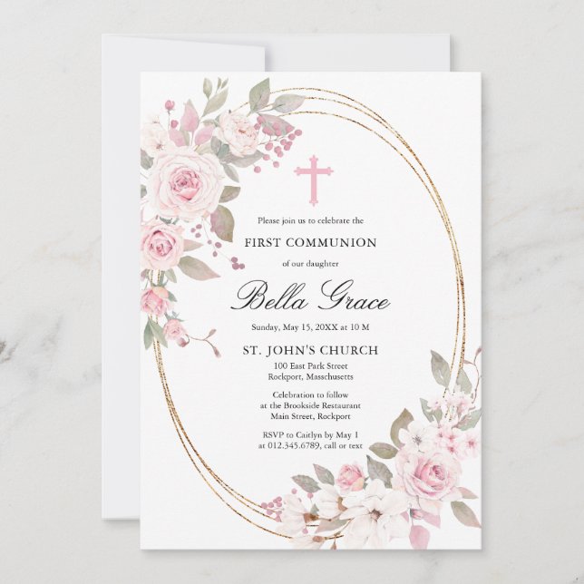 Rosa Rose Peony Floral Erste Heilige Kommune Einladung (Vorderseite)