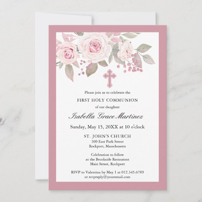 Rosa Rose Peony Floral Erste Heilige Kommune Einladung (Vorderseite)