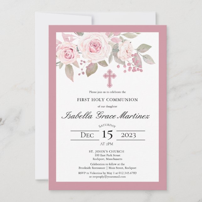 Rosa Rose Peony Floral Erste Heilige Kommune Einladung (Vorderseite)