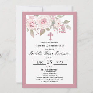 Rosa Rose Peony Floral Erste Heilige Kommune Einladung