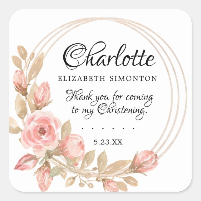 Rosa Rose Personalisiertes Christening Quadratischer Aufkleber (Vorderseite)