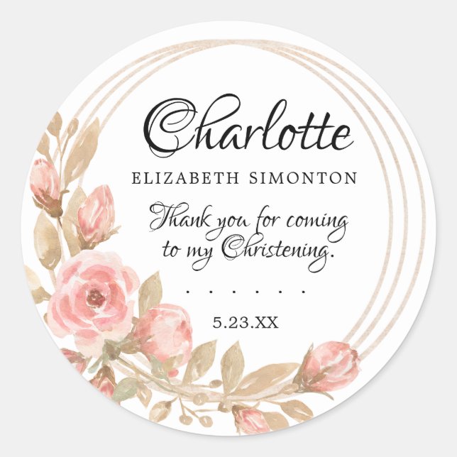 Rosa Rose Personalisiertes Christening Runder Aufkleber (Vorderseite)