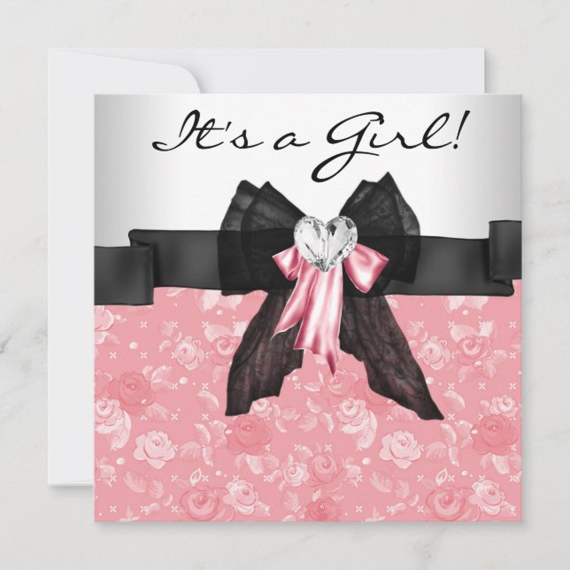 Rosa Rose Pink Black Baby Girl Dusche Einladung (Vorderseite)