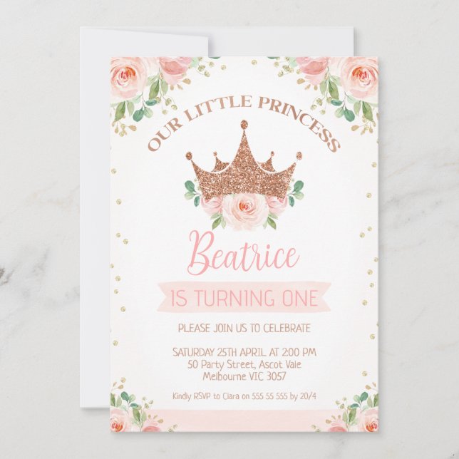 Rosa Rose Princess Crown 1. Geburtstag Einladung (Vorderseite)