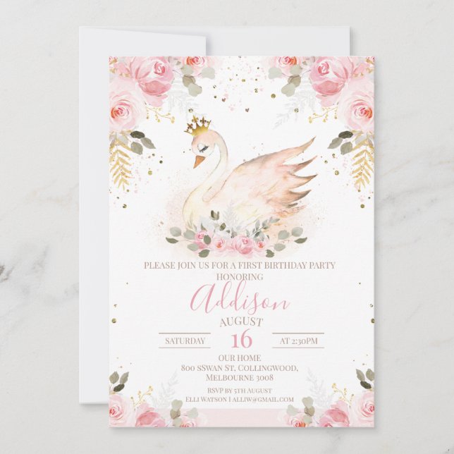 Rosa Rose Prinzessin Swan Geburtstagseinladung Einladung (Vorderseite)
