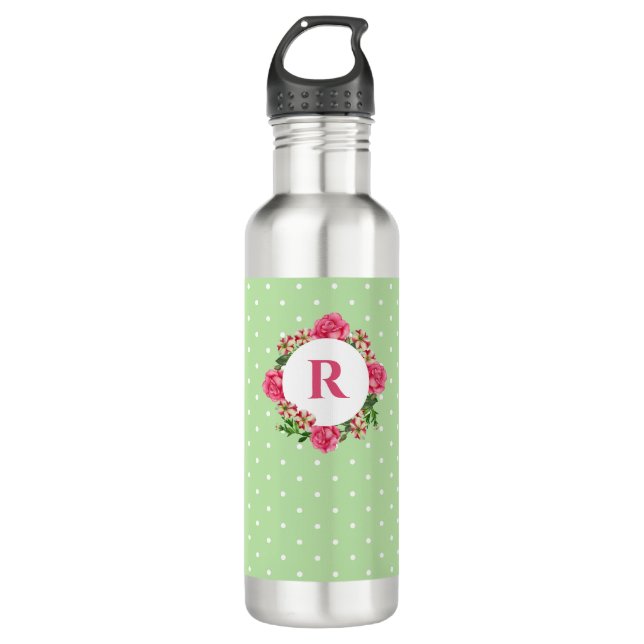 Rosa Rose Red Petunia Polka Dots Edelstahlflasche (Vorderseite)