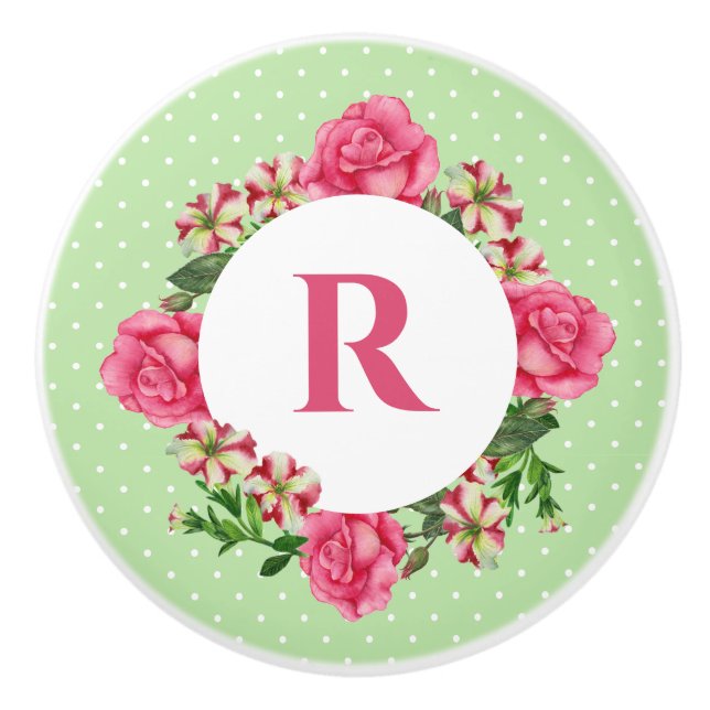 Rosa Rose Red Petunia Polka Dots Keramikknauf (Vorderseite)