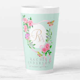 Rosa Rose Ribbon Chic Monogram Green Latte Tasse