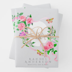 Rosa Rose Ribbon Chic Monogramm Grau Geschenkpapier Set