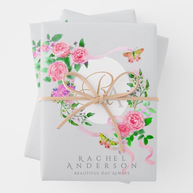 Rosa Rose Ribbon Chic Monogramm Grau Geschenkpapier Set (Beispiel)