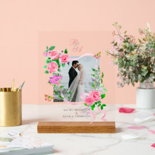 Rosa Rose Ribbon Monogram Foto Wedding Acrylschild