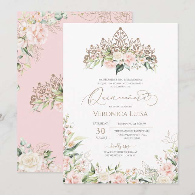 Rosa Rose Rose Elegantes Quinceanera Einladung (Vorne/Hinten)