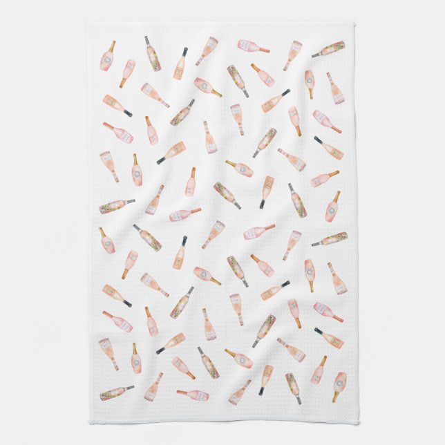 Rosa Rosé-Rose Weinflasche Aquarellbild Geschirrtuch (Vertikal)