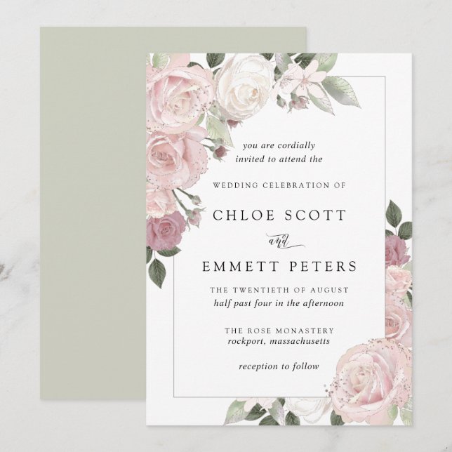 Rosa Rose Rustikale Blumenzitterung Einladung (Vorne/Hinten)