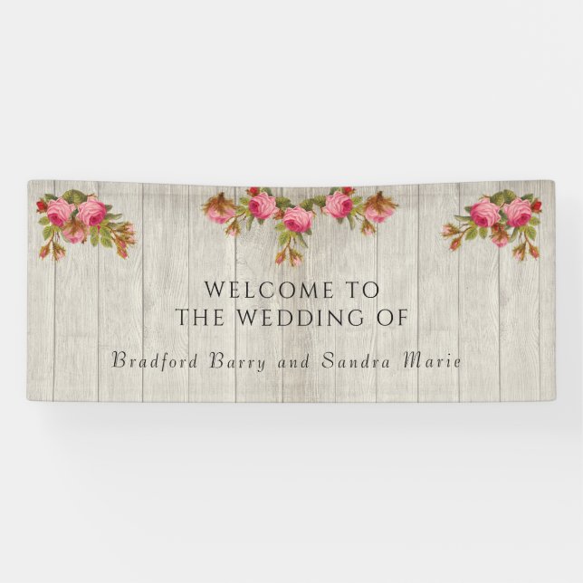 Rosa Rose Rustikale Hochzeit graue Barnholz-Banner Banner (Horizontal)