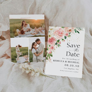 Rosa Rose Save the Date mit Foto-Flachkarte blau p