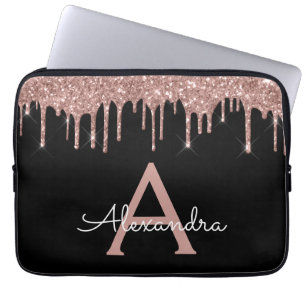 Rosa Rose Schwarzer Glitzer Monogramm Laptopschutzhülle
