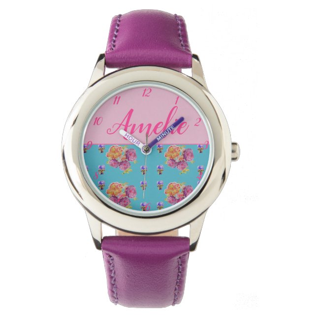 Rosa Rose Shabby Chic Aquamarin Aqua Blume Armbanduhr (Vorderseite)