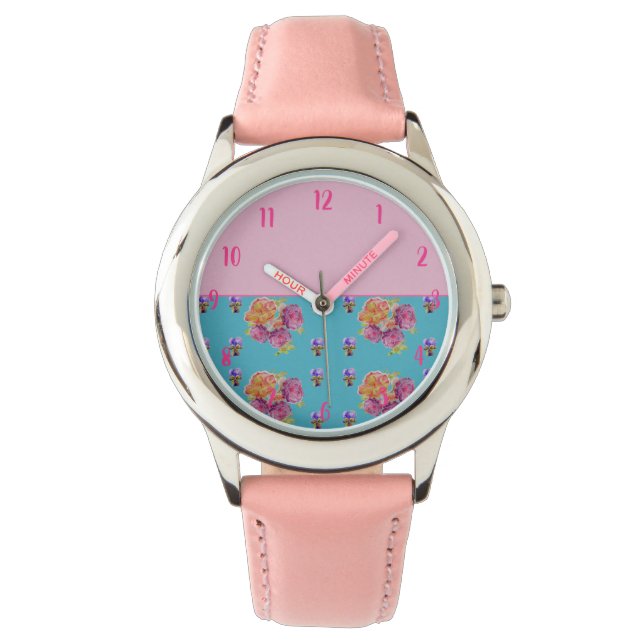 Rosa Rose Shabby Chic Aquamarin Aqua Blume Armbanduhr (Vorderseite)