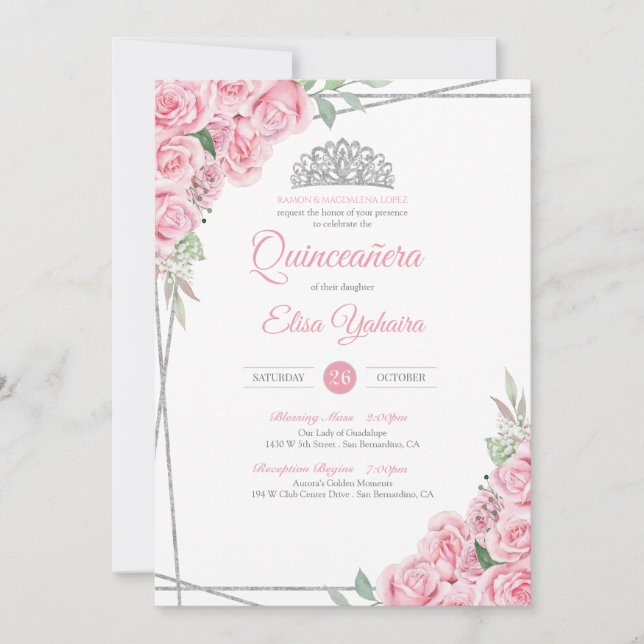 Rosa Rose Silver Diamond Tiara Quinceanera Einladung (Vorderseite)