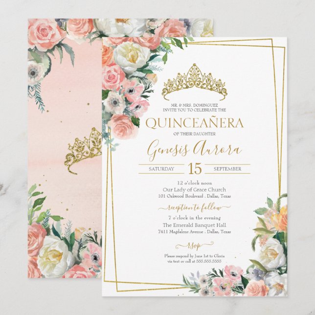 Rosa Rose und Anemone Wasserfarben Quinceanera Einladung (Vorne/Hinten)