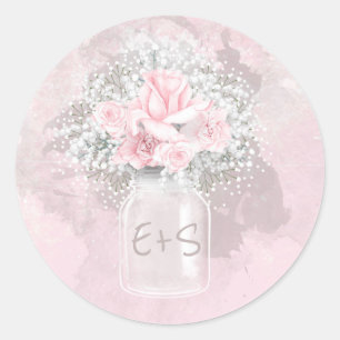 Rosa Rose und Gipskraut Hochzeit Mason Jar Runder Aufkleber