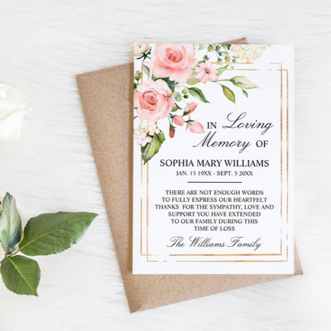 Rosa Rose und grüne Blätter Beileid Memory Dankeskarte (Von Creator hochgeladen)