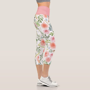 Rosa Rose und Grüne Blätter Capri Legging