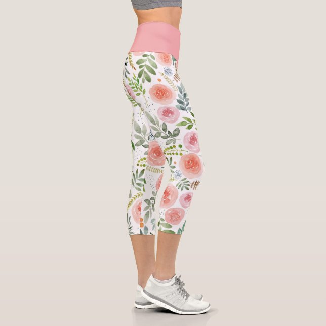 Rosa Rose und Grüne Blätter Capri Legging (Rechts)