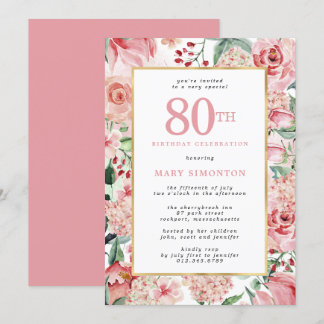 Rosa Rose und Hydrangea Floral 80. Geburtstag Einladung