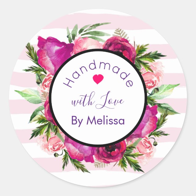 Rosa Rose und Poppy Blumendesign Handgefertigt mit Runder Aufkleber (Vorderseite)
