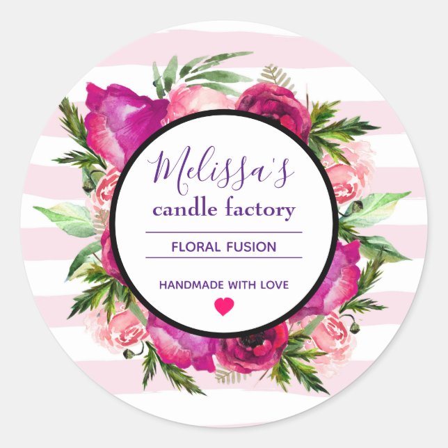Rosa Rose und Poppy Blumenstrauß Candle Business Runder Aufkleber (Vorderseite)