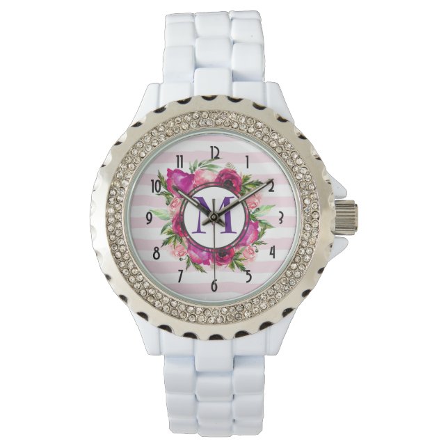 Rosa Rose und Poppy Floral Bouquet Monogramm Armbanduhr (Vorderseite)