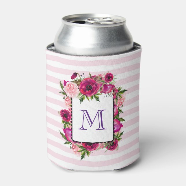 Rosa Rose und Poppy Floral Bouquet Monogramm Dosenkühler (Kanne Vorderseite)