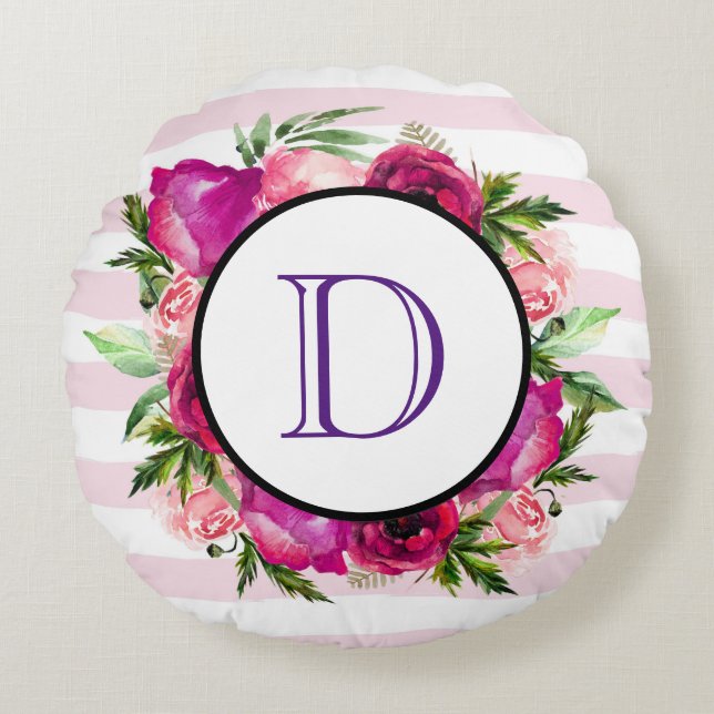 Rosa Rose und Poppy Floral Bouquet Monogramm Rundes Kissen (Vorderseite)