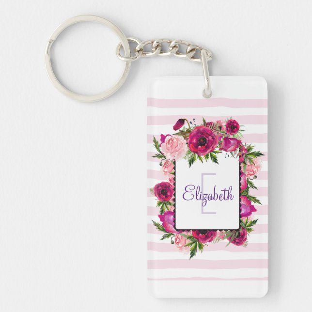 Rosa Rose und Poppy Floral Bouquet Monogramm Schlüsselanhänger (Vorderseite)