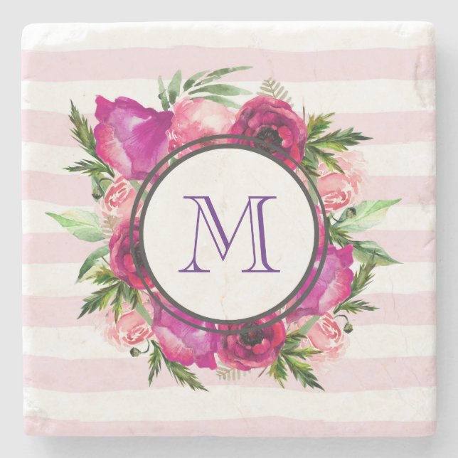 Rosa Rose und Poppy Floral Bouquet Monogramm Steinuntersetzer (Vorderseite)