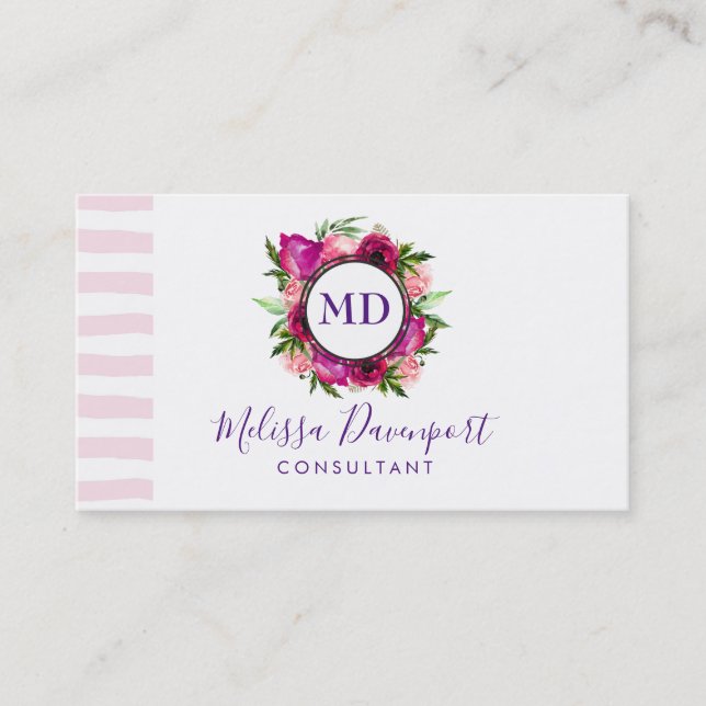 Rosa Rose und Poppy Floral Bouquet Monogramm Visitenkarte (Vorderseite)