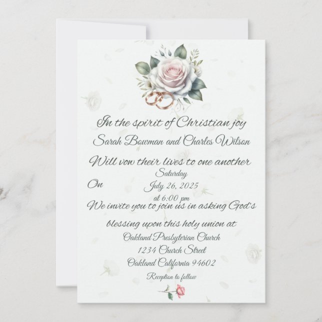 Rosa Rose und Rings Christliche Hochzeit Einladung (Vorderseite)