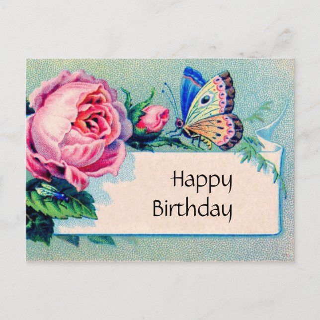 Rosa Rose und Schmetterling: Alles Gute zum Geburt Postkarte (Vorderseite)